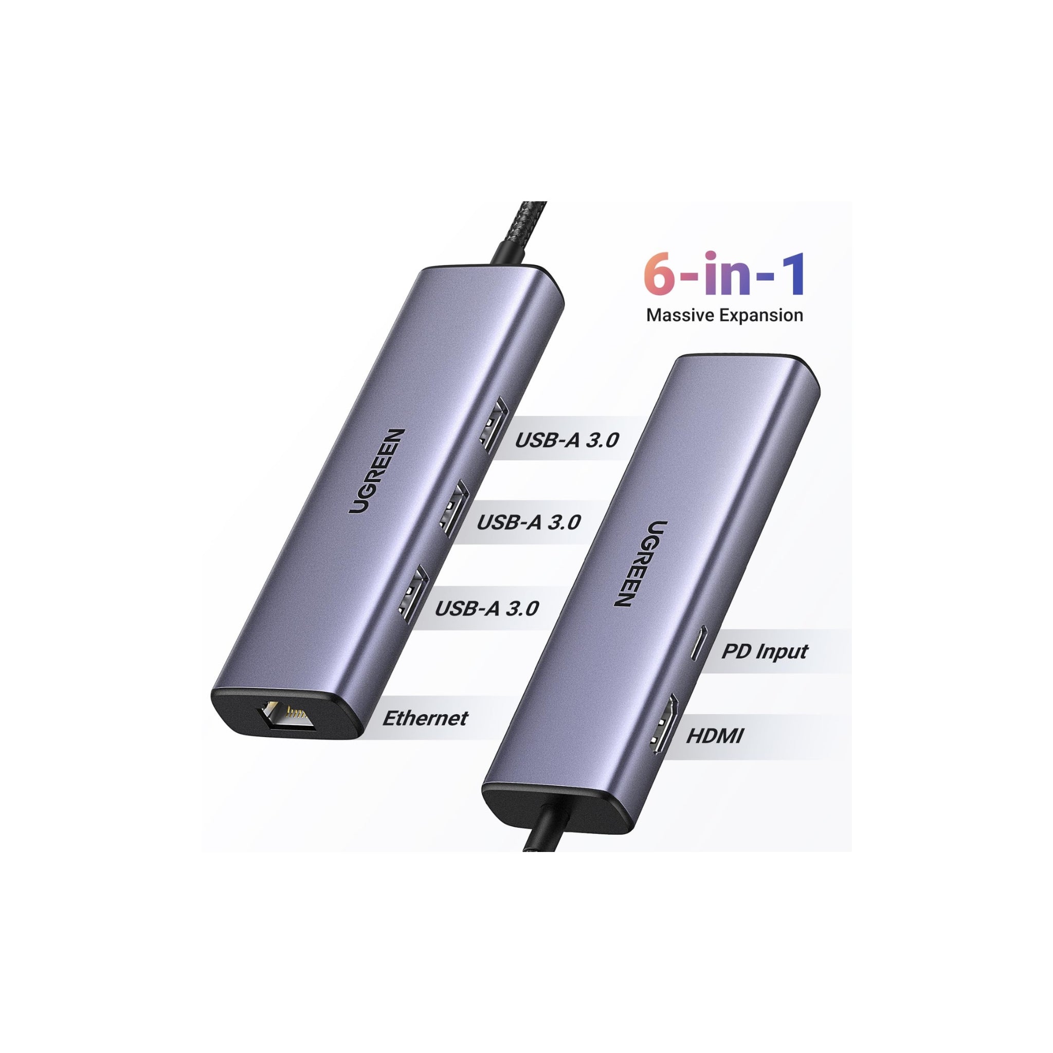 Adaptateur Type-c 6 port Ugreen 15598 vers 3 port usb 3.0, Hdmi 4k,RJ45 gigabit, Power delivery 100w