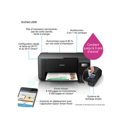 Imprimante Epson EcoTank L3250 multifonction couleur wifi (C11CJ67408) à réservoir rechargeable