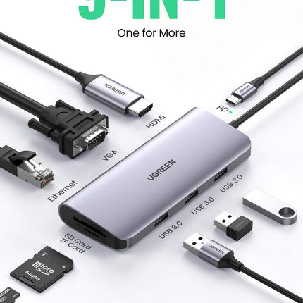 Adaptateur UGREEN USB type-C 9-in-1 USB Type C to 4K HDMI Multiport Adapter Dock + VGA (40873)
